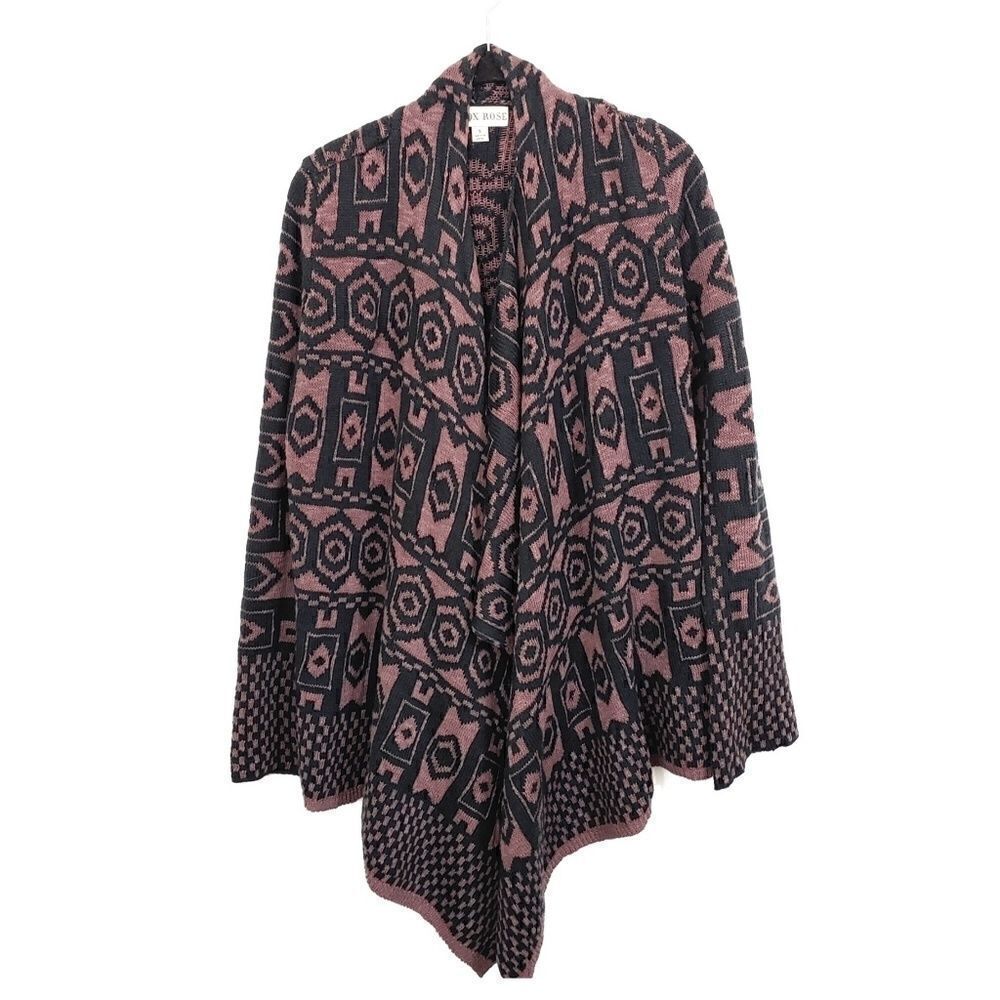 Knox Rose Chunky Knit Open Cardigan Sweater Purple Black Aztec Print Size Small